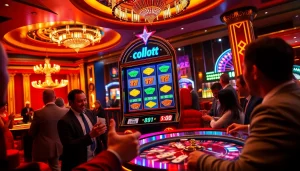 Players enjoying the thrill of the doaslot slot machine in a vibrant casino atmosphere.