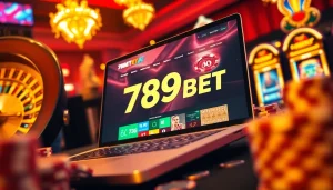 Experience the excitement of 789BET through a luxurious online casino scene filled with vibrant gaming elements.