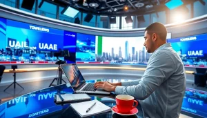 Capture the latest news at https://emiratenewsday.com with a professional journalist in a dynamic newsroom.