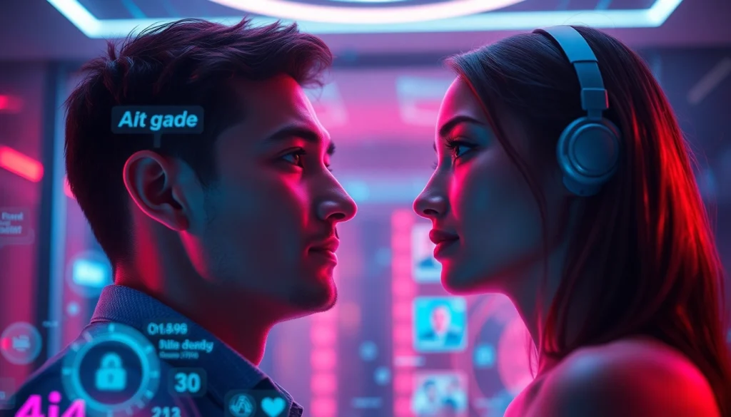 Engaging AI sex chat scene with a user and digital companion in a futuristic setting.
