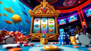 Bắn cá đổi thưởng scene with vibrant underwater themes, colorful fish, and exciting casino elements.