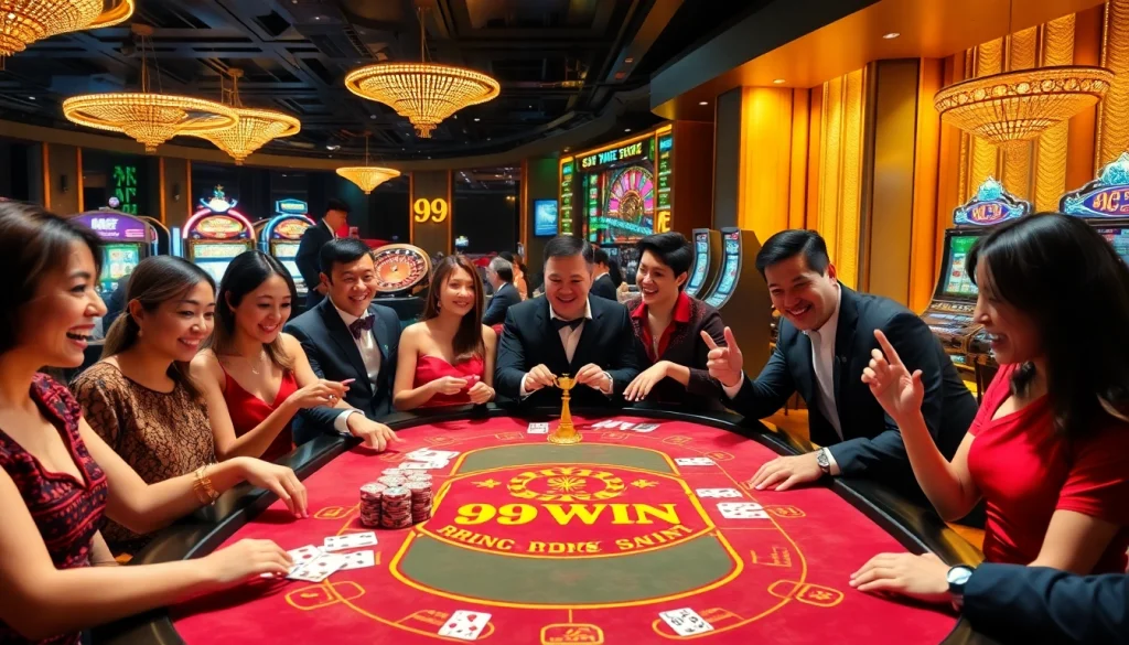 Players enjoying a thrilling gaming experience at 99 WIN casino, featuring colorful chips and cards.