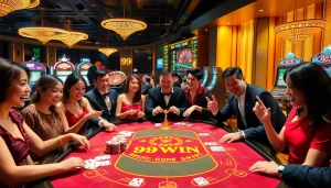 Players enjoying a thrilling gaming experience at 99 WIN casino, featuring colorful chips and cards.