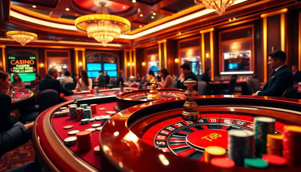 F168 casino table with poker chips and cards in a luxurious gambling environment