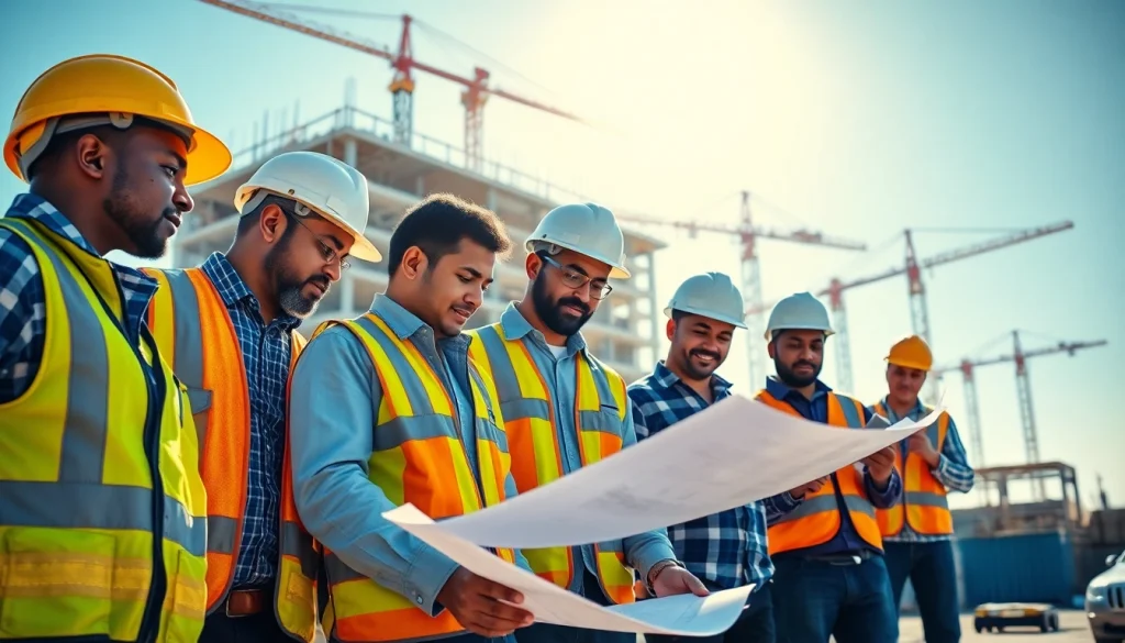 Showcase vibrant careers in construction with diverse professionals collaborating on-site.