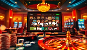 Join SuperPH today at the online casino, featuring a luxurious gaming table and vibrant atmosphere.