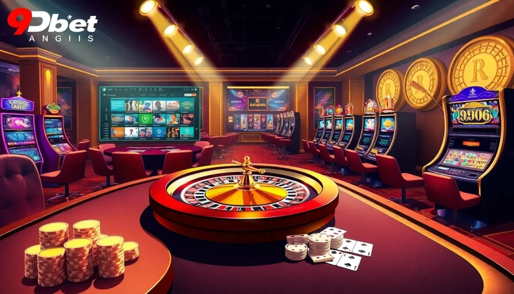 Experience the thrill of gambling at 9Dbet with a vibrant casino atmosphere showcasing roulette, poker, and slots.