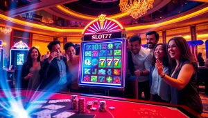 Experience the thrill of winning at Slot777 with vibrant casino machines and eager players.