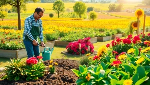 Gardening enthusiast cultivating vibrant flowers and healthy plants in a sunny garden environment.