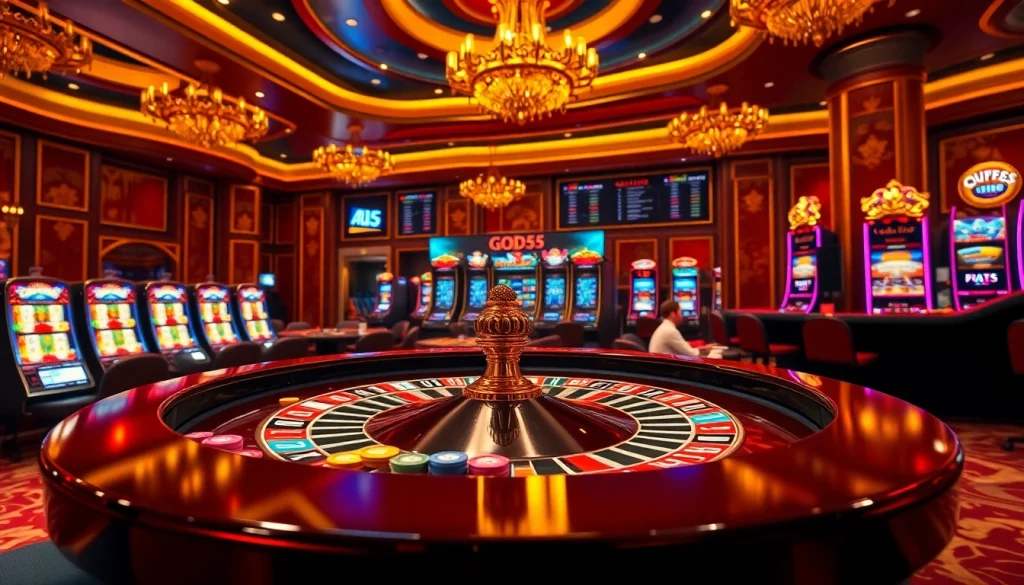 Experience god55 casino excitement with roulette and colorful chips on a vibrant table.