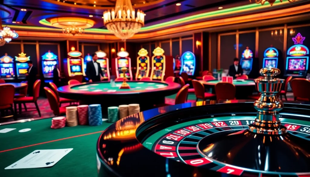 Experience the excitement of online gambling at https://mm88.sh/ with a vibrant casino scene featuring players and luxury gaming elements.