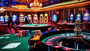 Experience the excitement of online gambling at https://mm88.sh/ with a vibrant casino scene featuring players and luxury gaming elements.