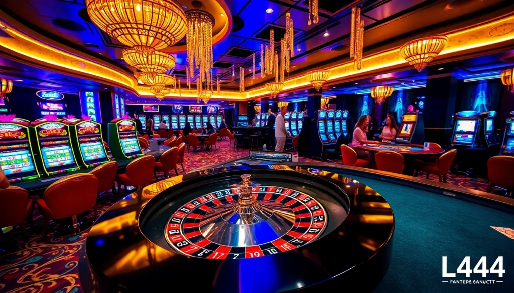 L444 casino scene showcasing a roulette table and vibrant slot machines with excited players.