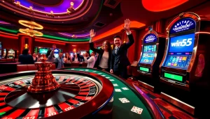Experience the thrill of win55 at a luxurious casino with roulette wheels and poker tables.