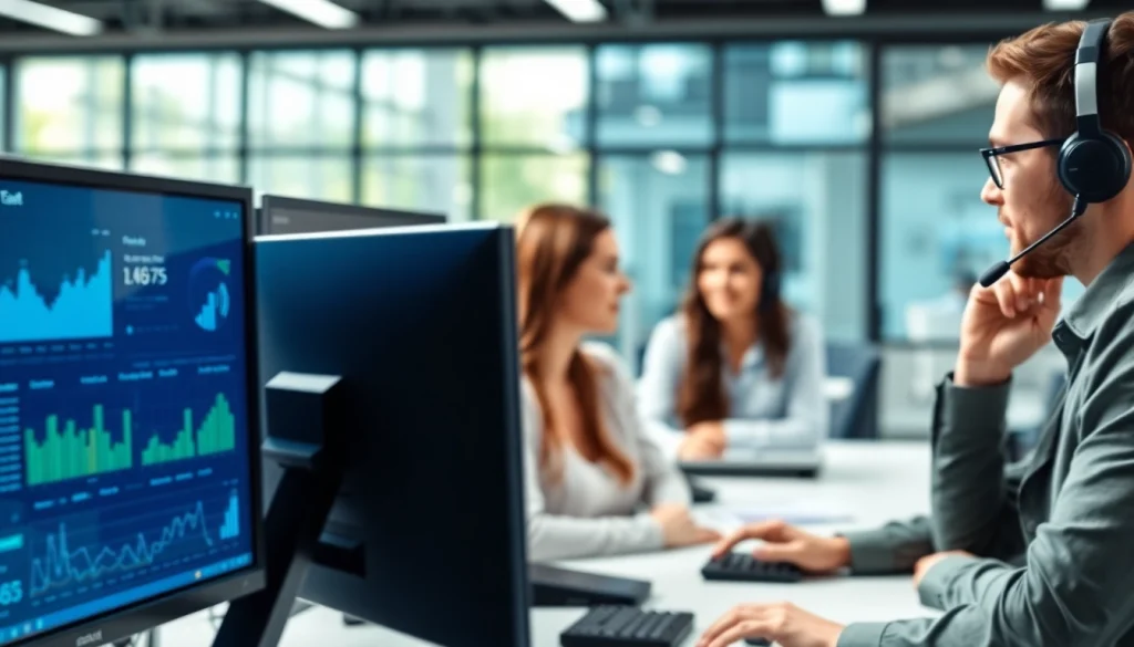 Showcasing call center software in action, efficient agents working with advanced tech tools.