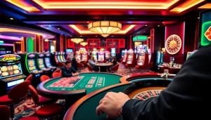 Engaging gaming experience at king88 with players at blackjack and vibrant slot machines.