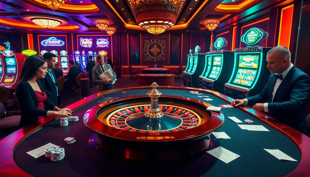 Experience the thrill of new888 at a luxurious casino with vibrant roulette tables and engaged players.