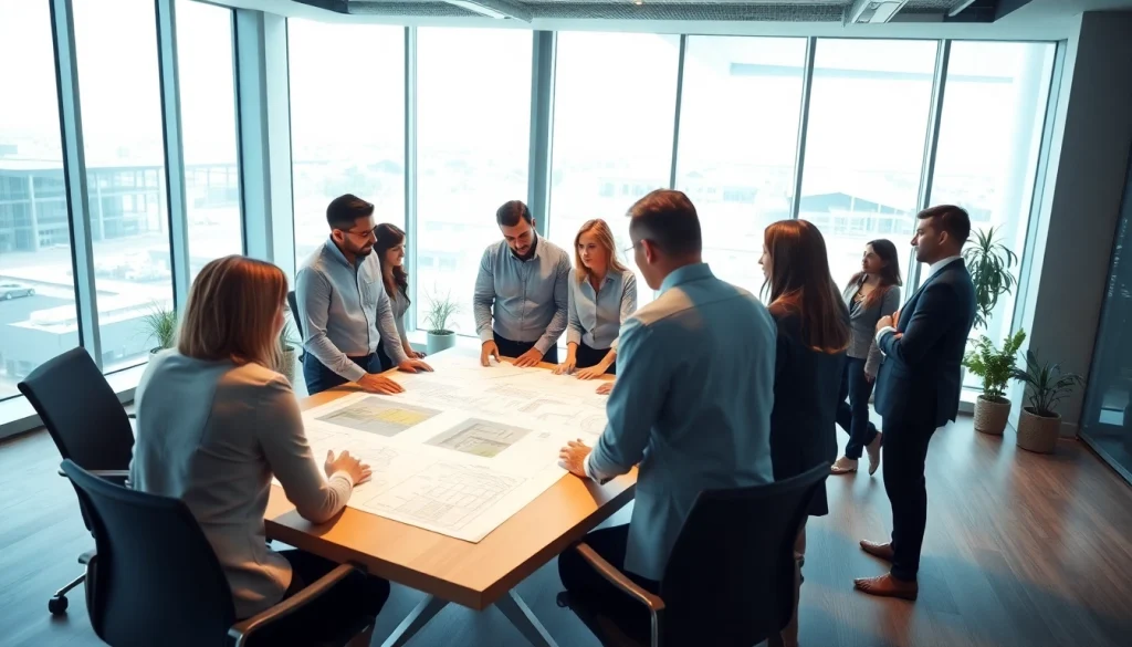 Showcasing industrial leasing professionals discussing plans in a modern office.