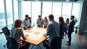 Showcasing industrial leasing professionals discussing plans in a modern office.