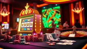 Excited players engaging with Slot777 at a luxurious casino table surrounded by vibrant reels and poker chips.