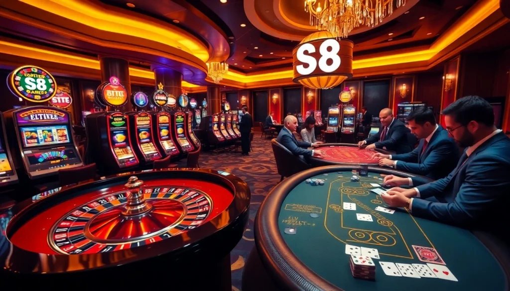 S8 gamblers strategize at a vibrant casino table amidst thrilling gameplay and luxury.