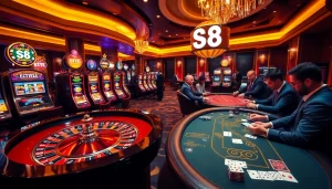 S8 gamblers strategize at a vibrant casino table amidst thrilling gameplay and luxury.