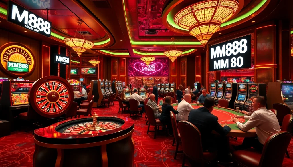 Experience the excitement of MM88 with players enjoying vibrant casino games in a luxurious setting.