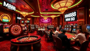Experience the excitement of MM88 with players enjoying vibrant casino games in a luxurious setting.