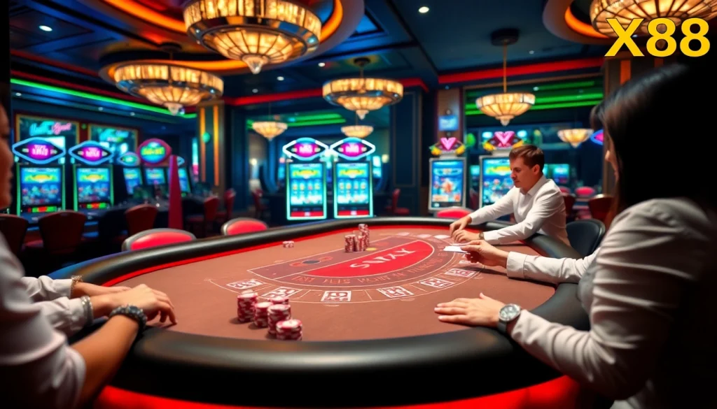 Experience the exhilaration of baccarat at the luxurious XX88 casino table with vibrant games in action.
