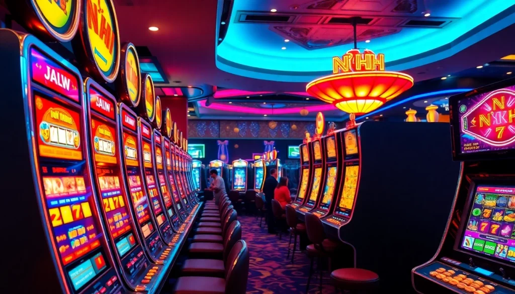 Engage in Nổ Hũ excitement with vibrant slot machines in a luxurious casino setting.