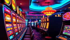 Engage in Nổ Hũ excitement with vibrant slot machines in a luxurious casino setting.