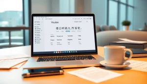 youdao翻译 in action at a modern workspace with multilingual notes and a laptop.