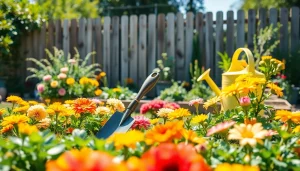 Gardening setup showcasing vibrant plants flourishing in a sunny backyard, inviting engagement with nature.
