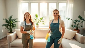 Cleaning service professionals making a cozy living room shine with eco-friendly products.