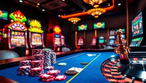 Experience excitement with MMOO's vibrant online casino scene featuring poker chips and slot machines.