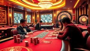Xem chi tiết of an exciting casino scene with players at a poker table and a spinning roulette wheel.