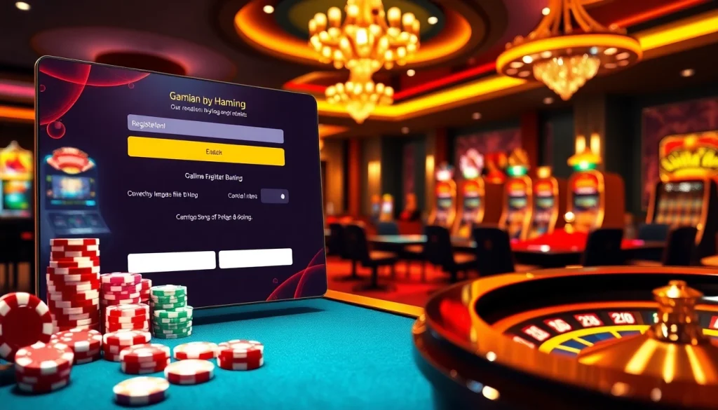 Engage in Đăng ký tài xỉu md5 with a vibrant casino scene, showcasing digital registration and thrilling gambling elements.