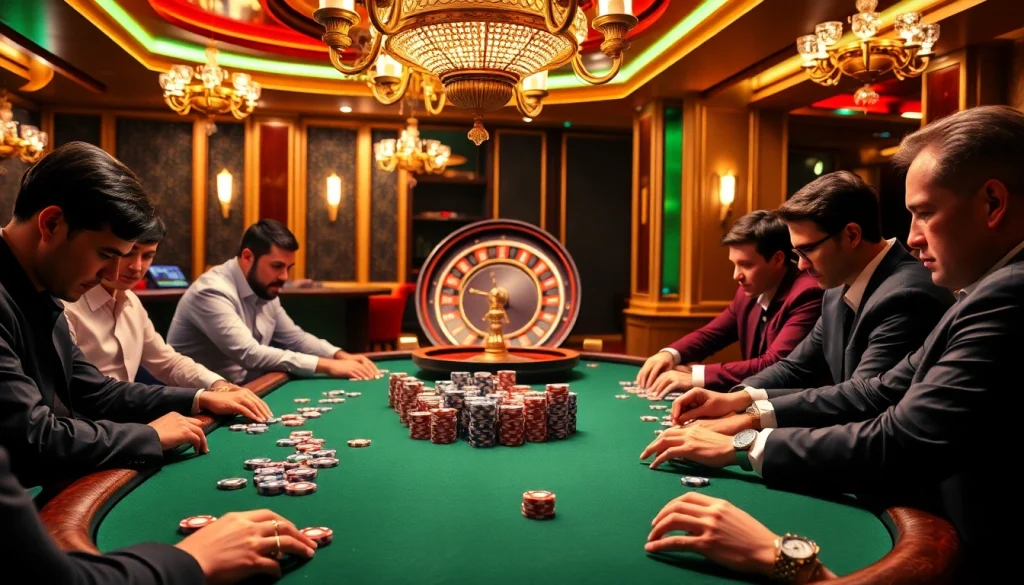 An engaging poker scene at https://jun88buzz.info/ with vibrant chips and an exciting roulette backdrop.