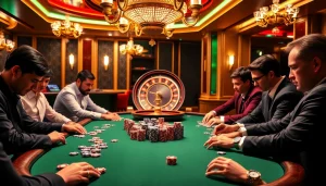 An engaging poker scene at https://jun88buzz.info/ with vibrant chips and an exciting roulette backdrop.