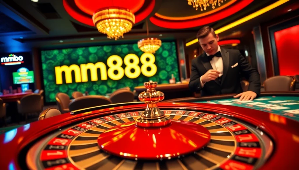 Spin the roulette wheel at mm888 casino with vibrant chips and cards highlighting excitement.