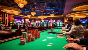 Engaging casino scene showcasing Lc88 poker chips at a vibrant gambling table.