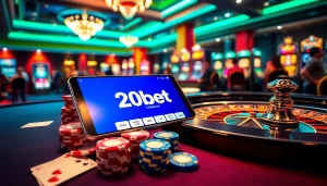 The 20bet Download app displayed on a smartphone amidst a lively casino setting, showcasing excitement and engagement.