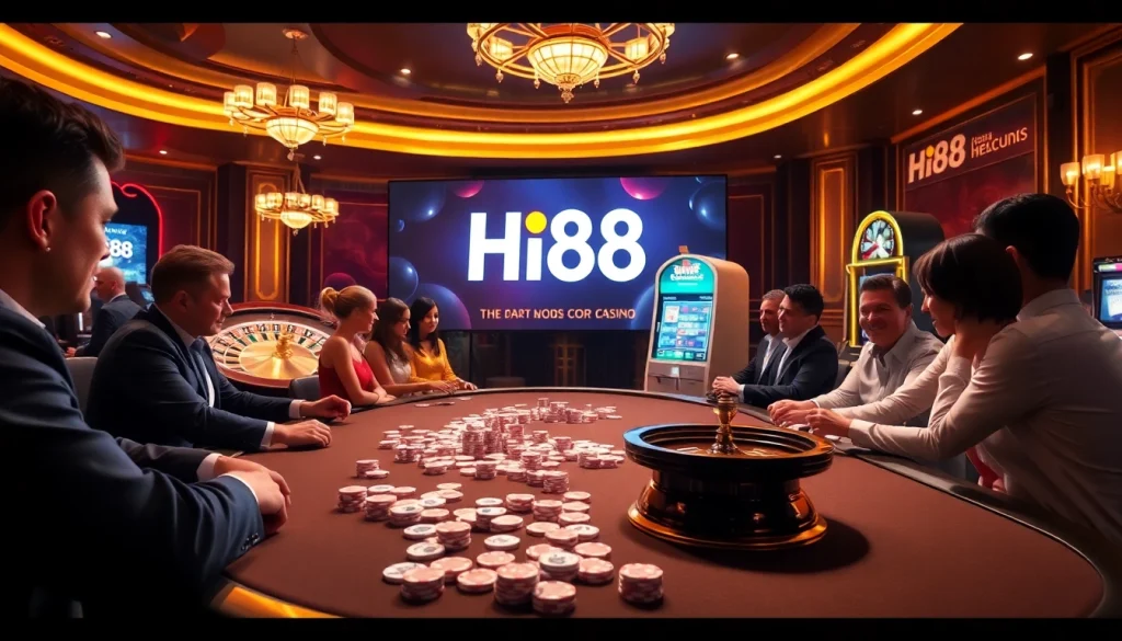 Hi88 gaming table with enthusiastic players enjoying poker and roulette.