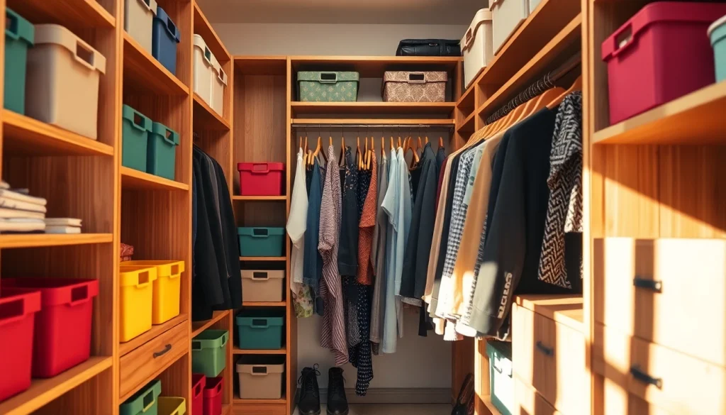 Closets that maximize space with organized shelving and decorative storage boxes.