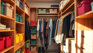 Closets that maximize space with organized shelving and decorative storage boxes.