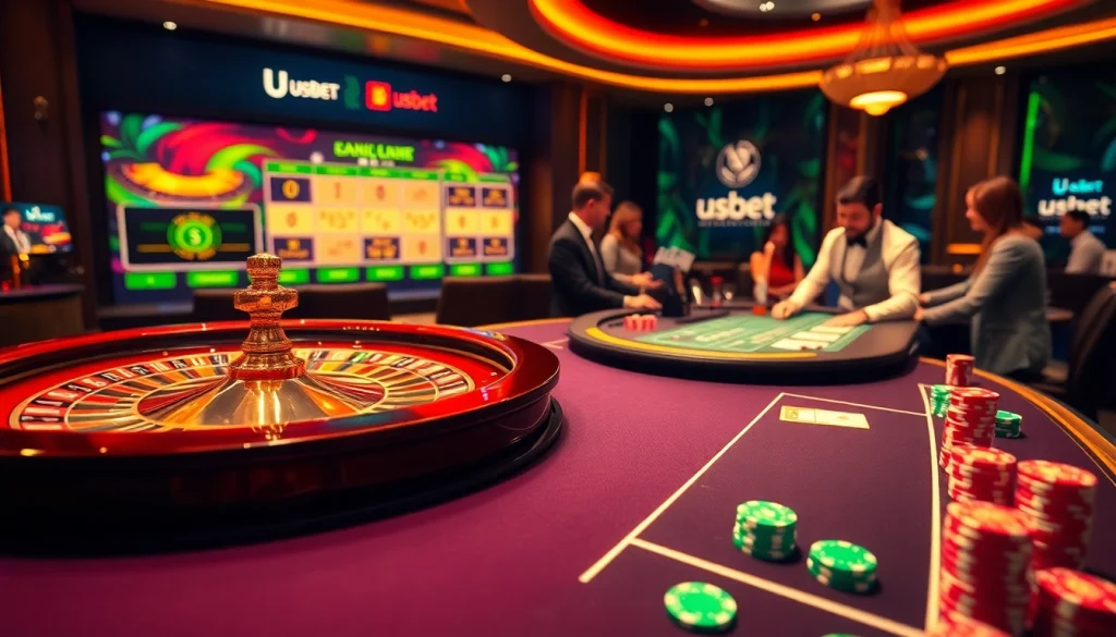 Casino players enjoying a dynamic gaming experience at nhà cái usbet with colorful poker chips and a roulette wheel.