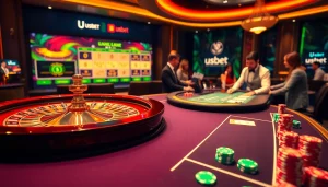 Casino players enjoying a dynamic gaming experience at nhà cái usbet with colorful poker chips and a roulette wheel.