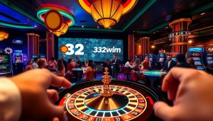 Exciting players enjoying high-stakes gaming at 32wim casino tables, showcasing luxury and adrenaline.
