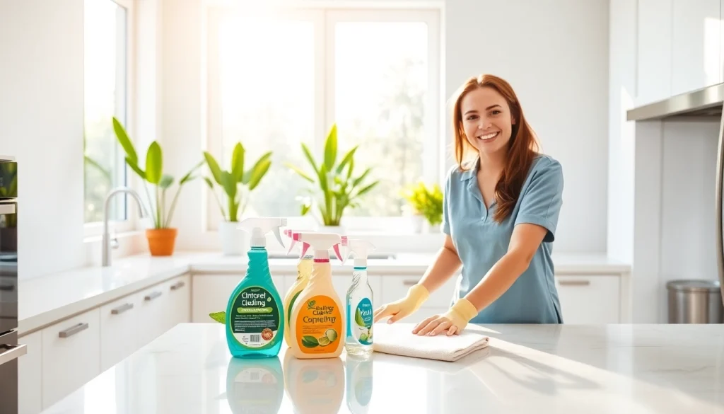 Engaging scene of a cleaning service brightening a modern kitchen with eco-friendly supplies.