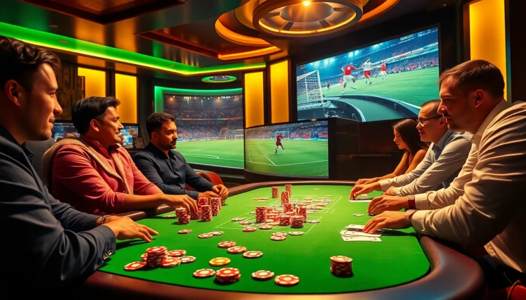 Enjoy trực tiếp bóng đá while immersing in the thrilling atmosphere of a high-end casino poker game.
